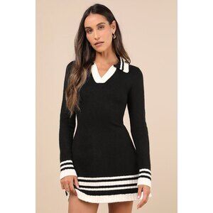 Lulus Soft Serenity Black And Ivory Collared Sweater Mini Dress - Size XS